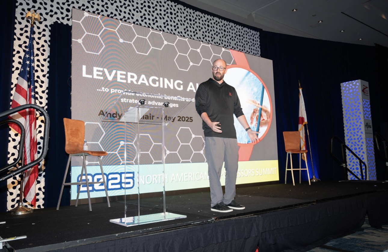Andy Sinclair speaking about AI and RepoReport at an industry conference
